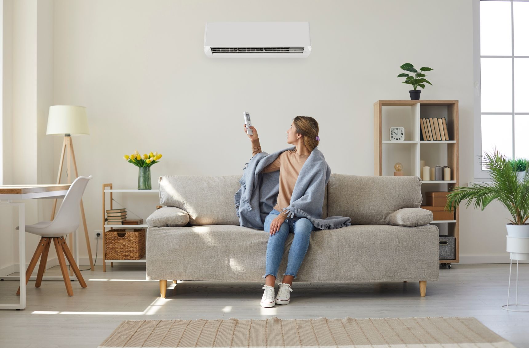 A woman is sitting on a couch in a living room holding a remote control.