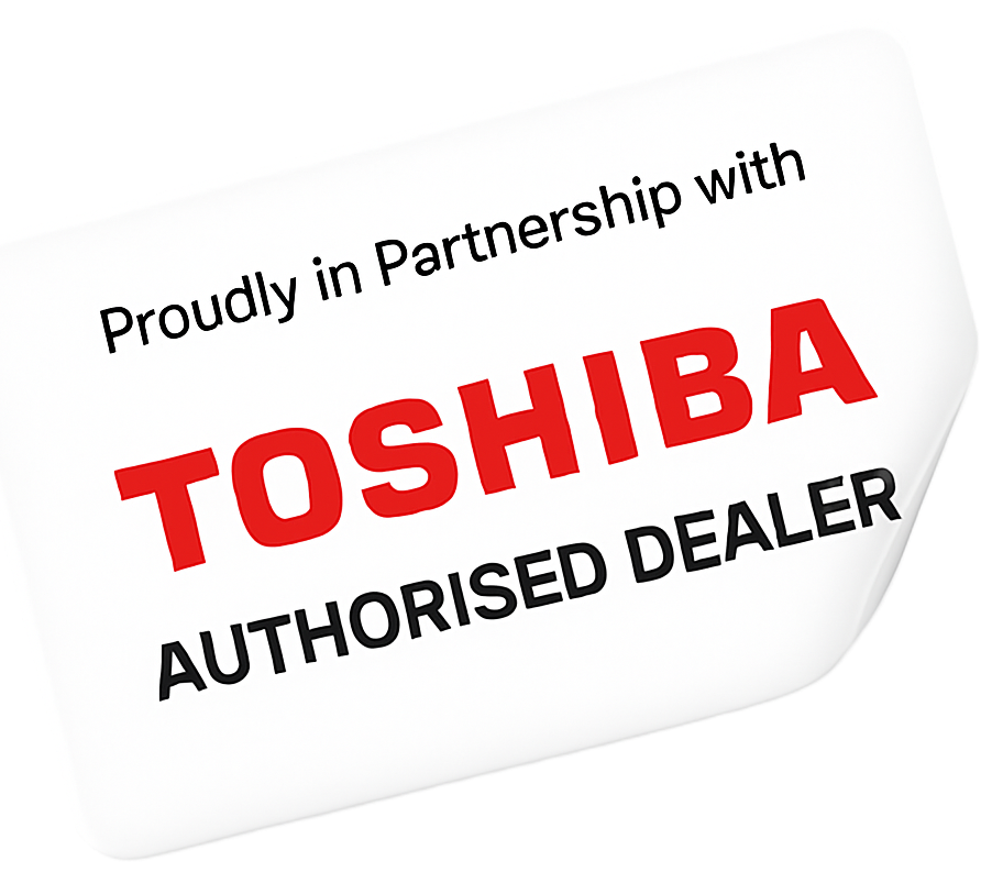 A sticker that says proudly in partnership with toshiba authorised dealer