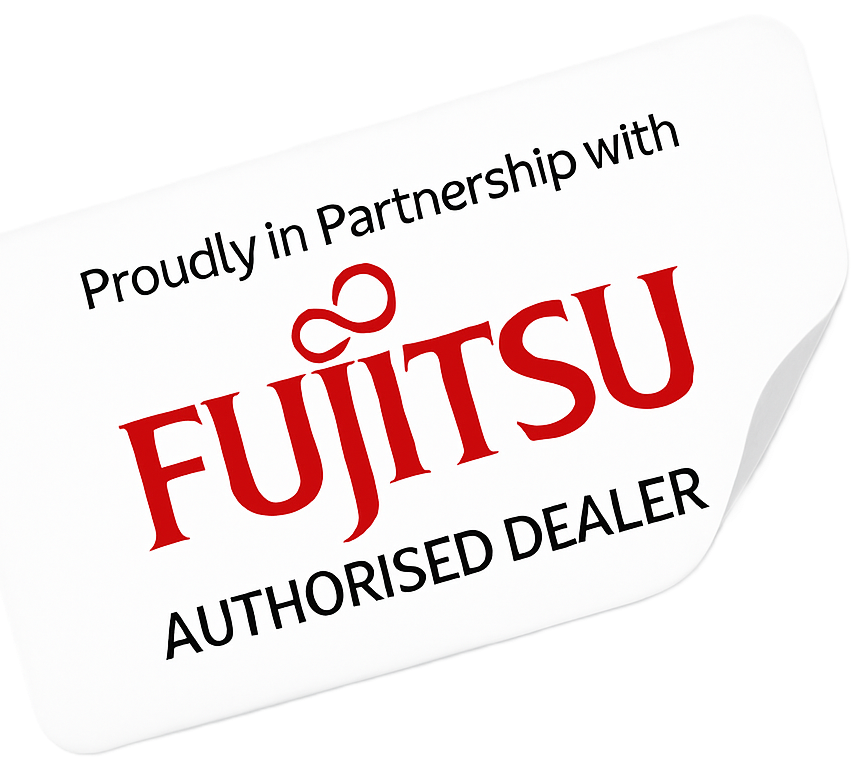 A sticker that says proudly in partnership with fujitsu authorised dealer