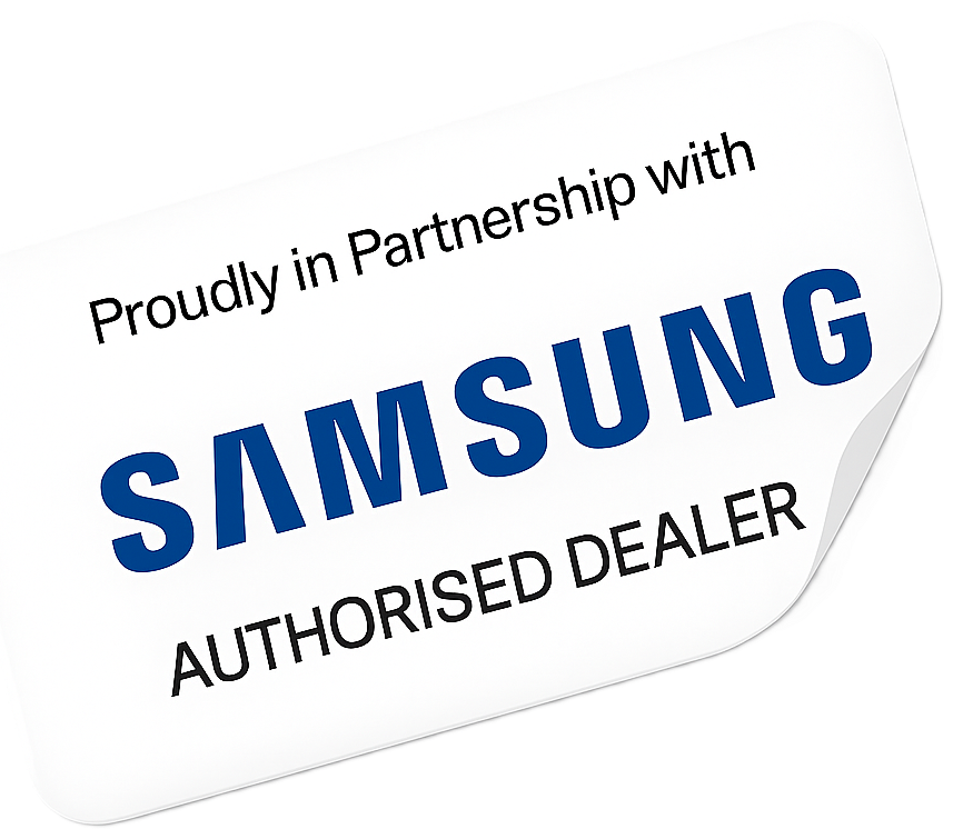 A sticker that says `` proudly in partnership with samsung authorised dealer ''.