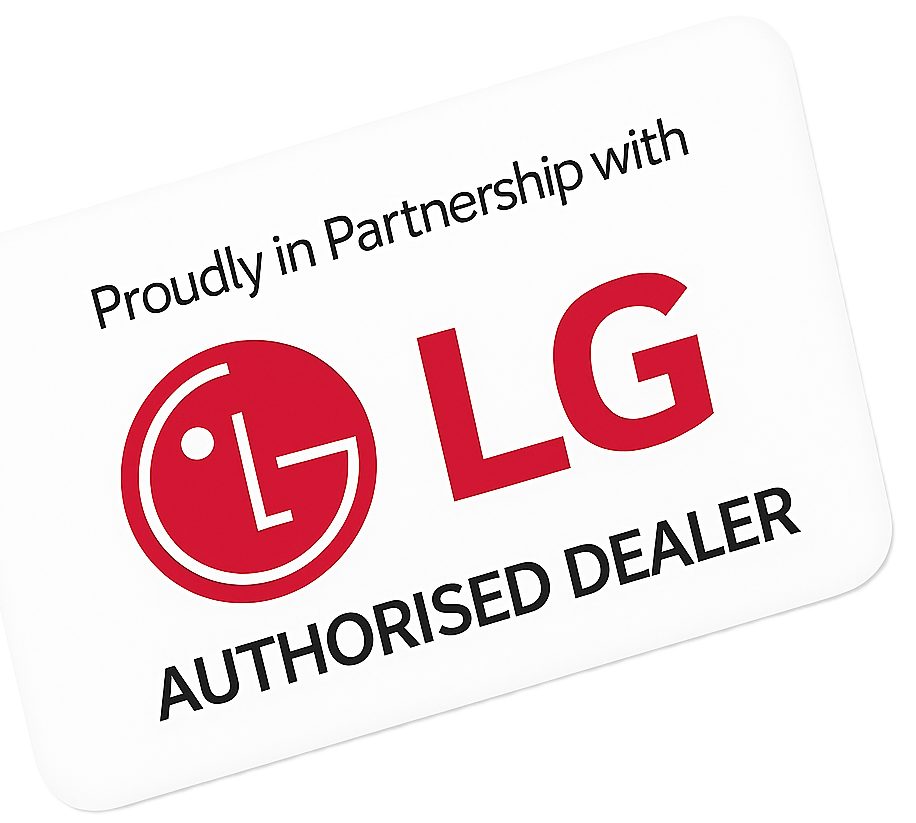 A proudly in partnership with lg authorised dealer sticker on a white background.