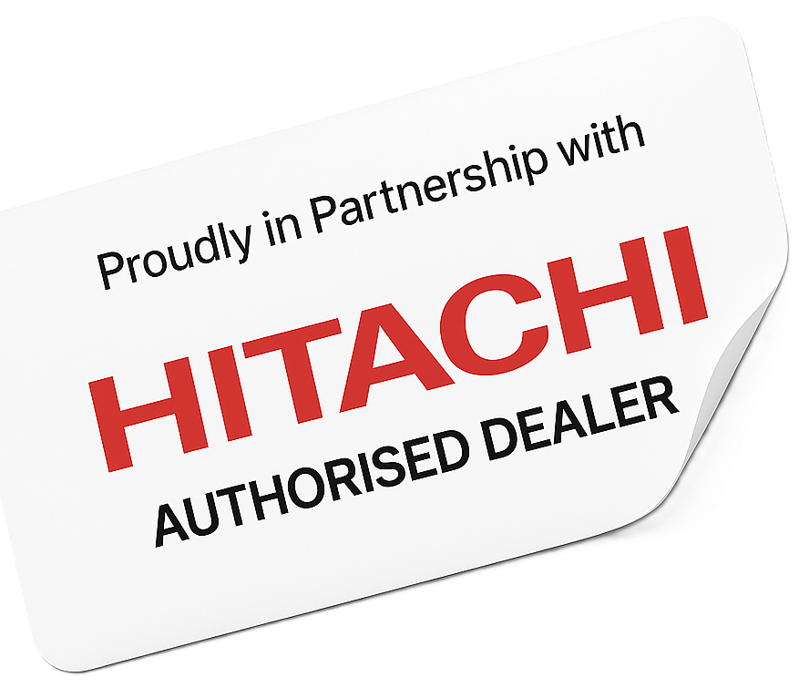 A white sticker that says proudly in partnership with hitachi authorised dealer