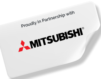 A sticker that says ' proudly in partnership with mitsubishi ' on it