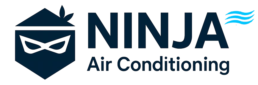 A logo for ninja air conditioning with a ninja mask on it.