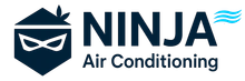 A logo for ninja air conditioning with a ninja mask on it.