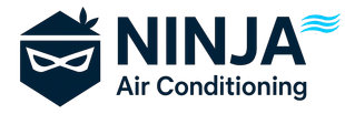 A logo for ninja air conditioning with a ninja mask on it.