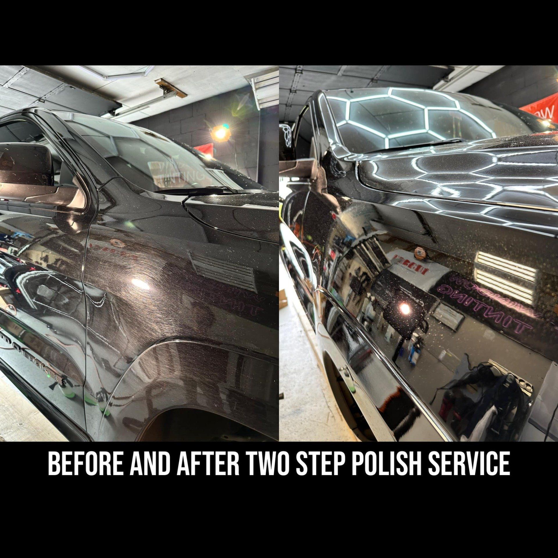 a before and after photo of a car being polished .