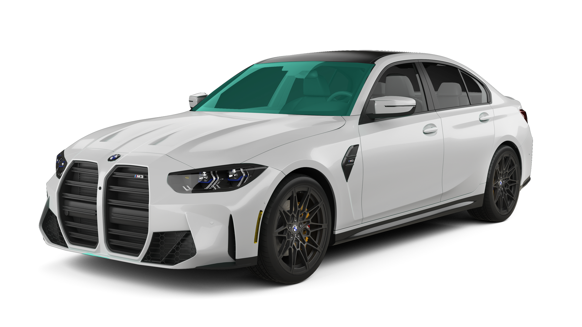 White BMW M3 sedan, black accents, dark wheels, on a surface.