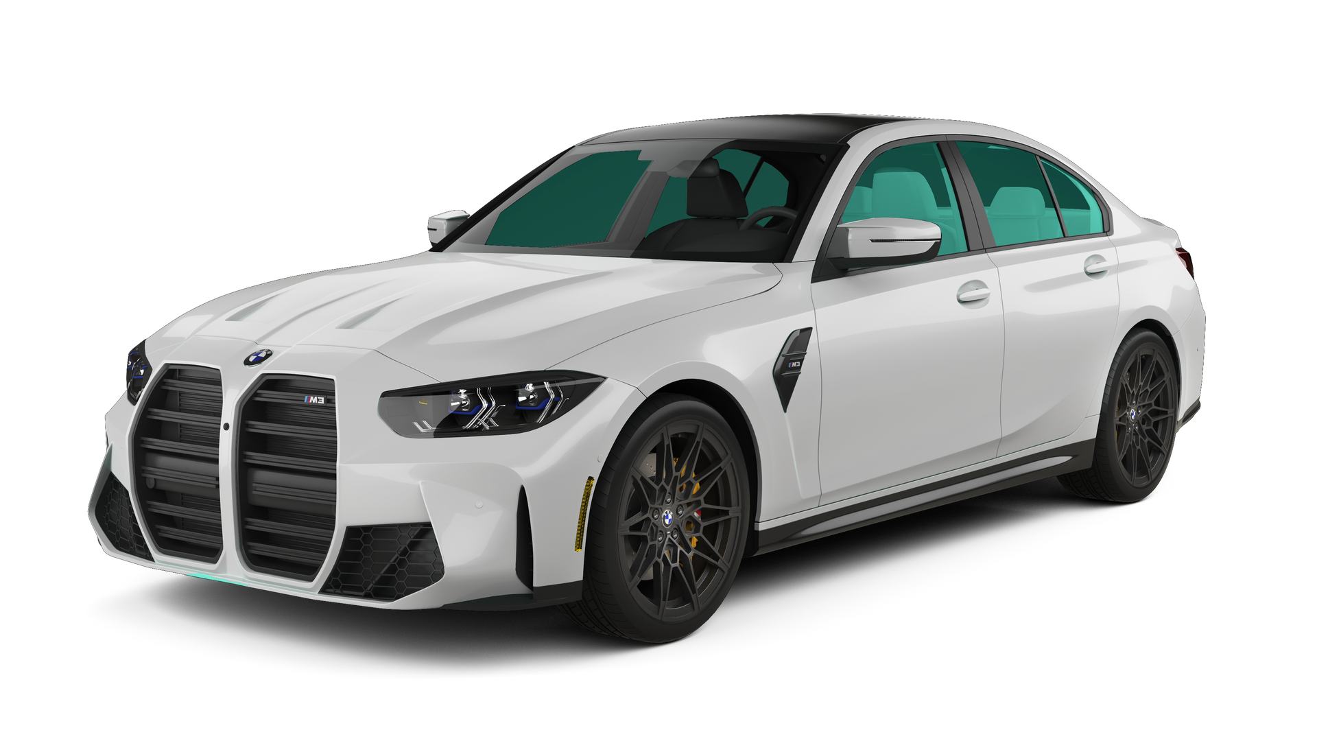 White BMW M3 sedan, black accents, dark wheels, on a surface.