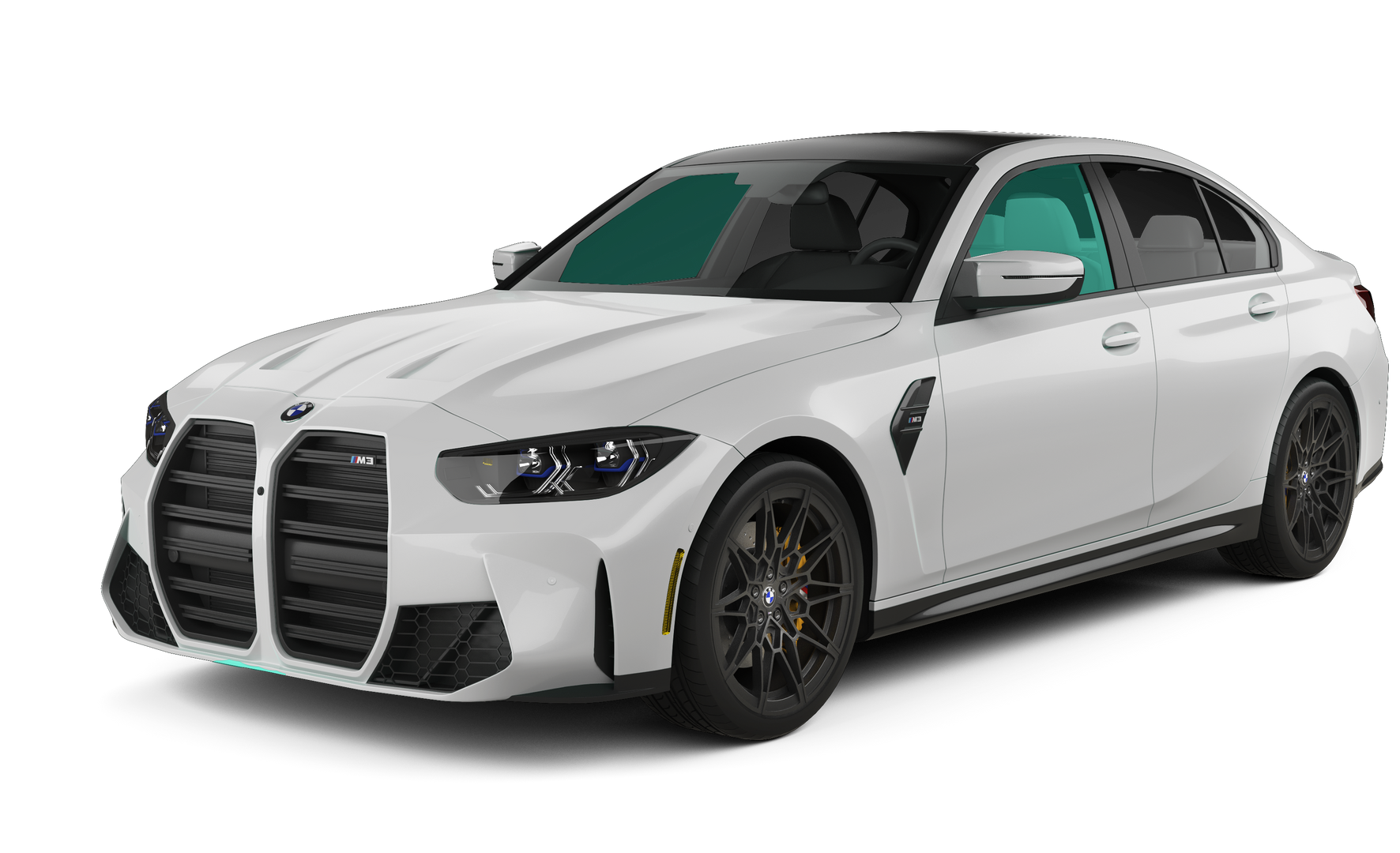 White BMW M3 sedan, black accents, dark wheels, on a surface.