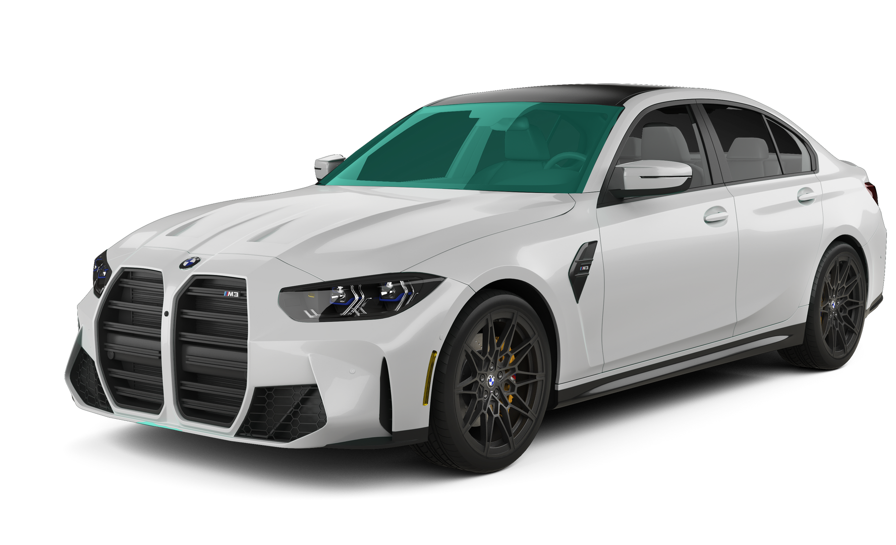 White BMW M3 sedan with black accents, parked on a light surface.