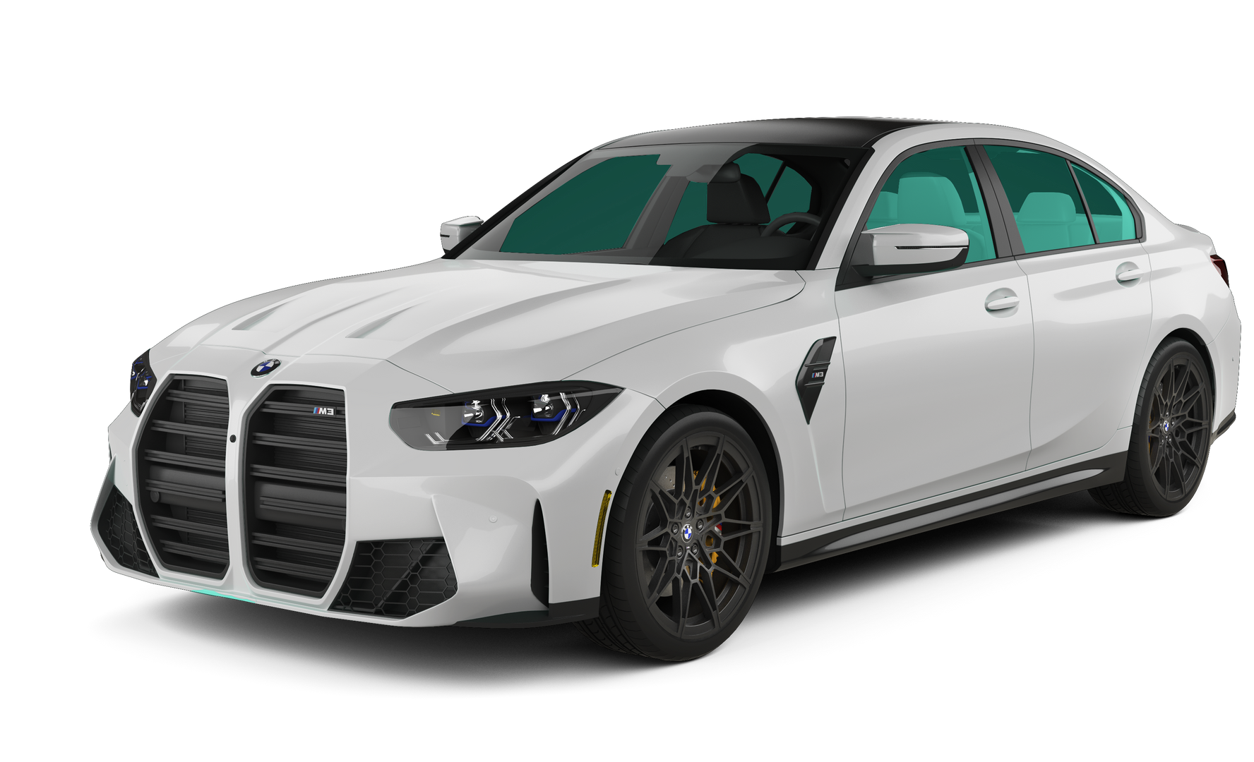 White BMW M3 sedan, black trim and wheels, green-tinted windows, on a white background.