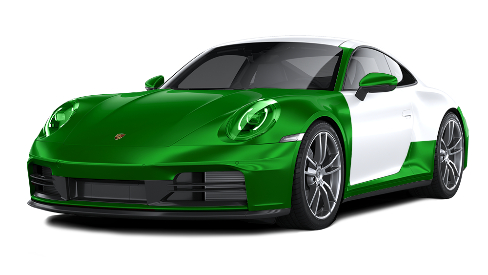 A green and white porsche 911 is shown on a white background.