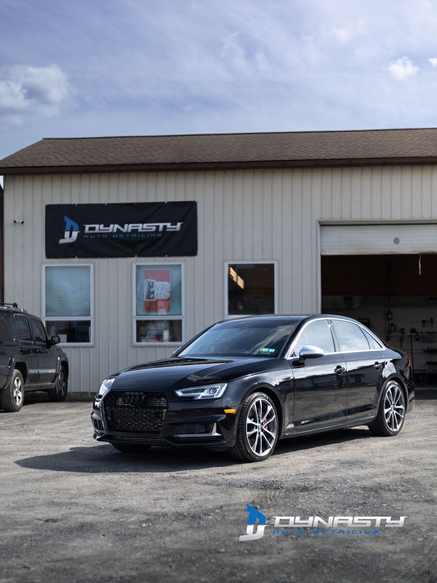 Paint Protection Film - A black car is parked in front of a building that says dynasty