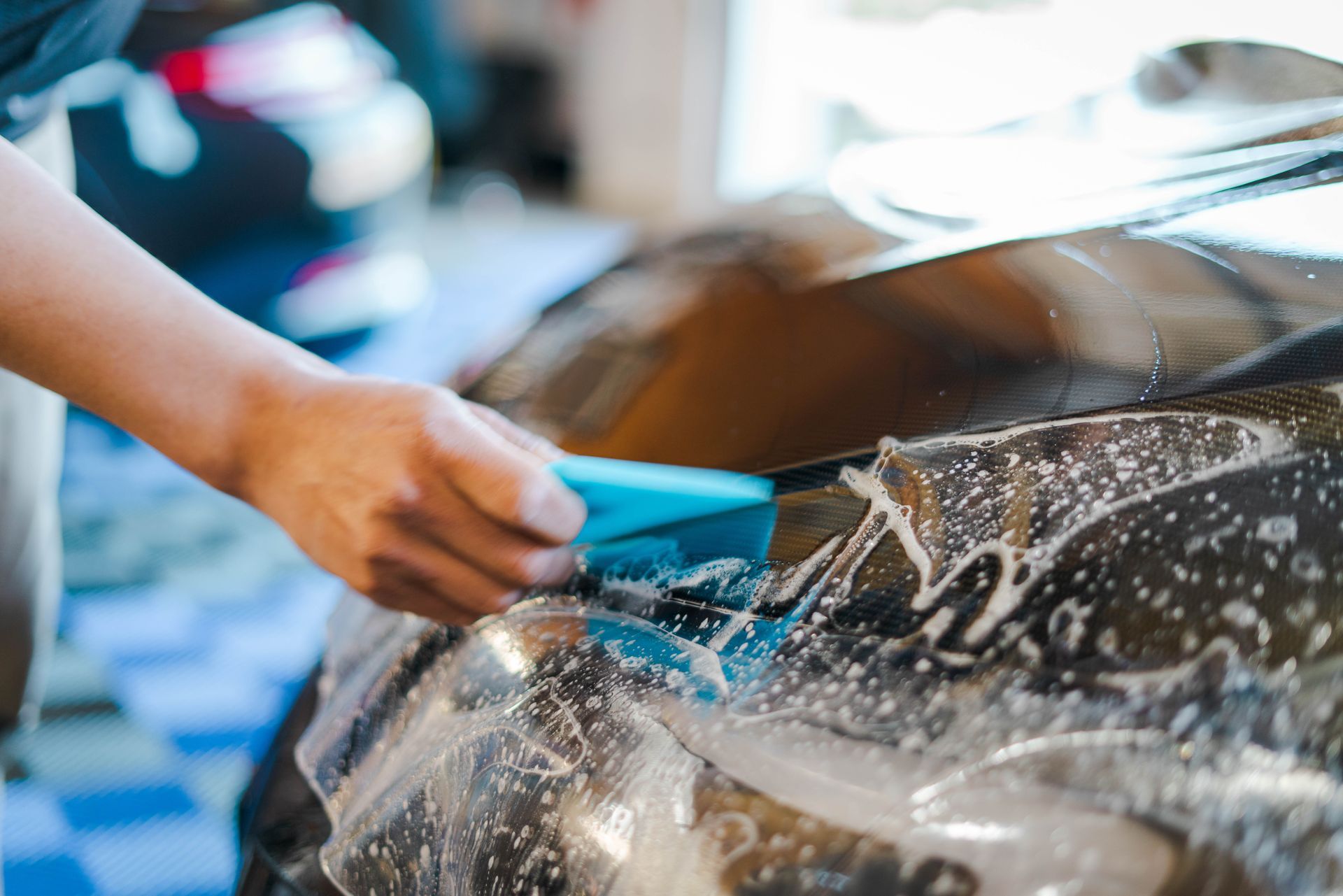 blue car with paint protection film