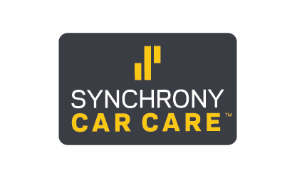 Synchrony Car Care logo in white and yellow on a dark gray background