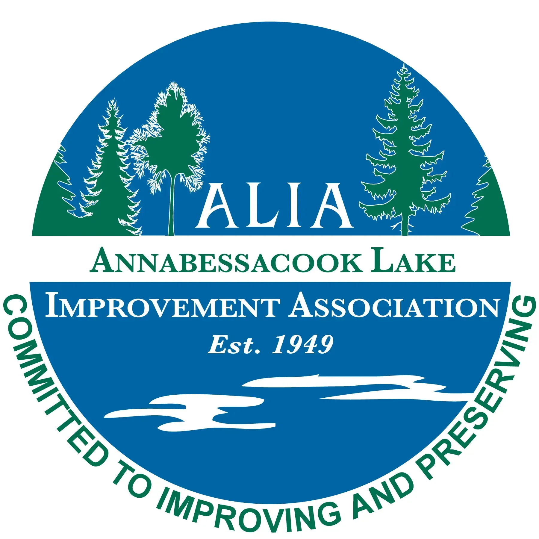 Logo for Annabessacook Lake Improvement Association: blue circle with trees, water, and text.