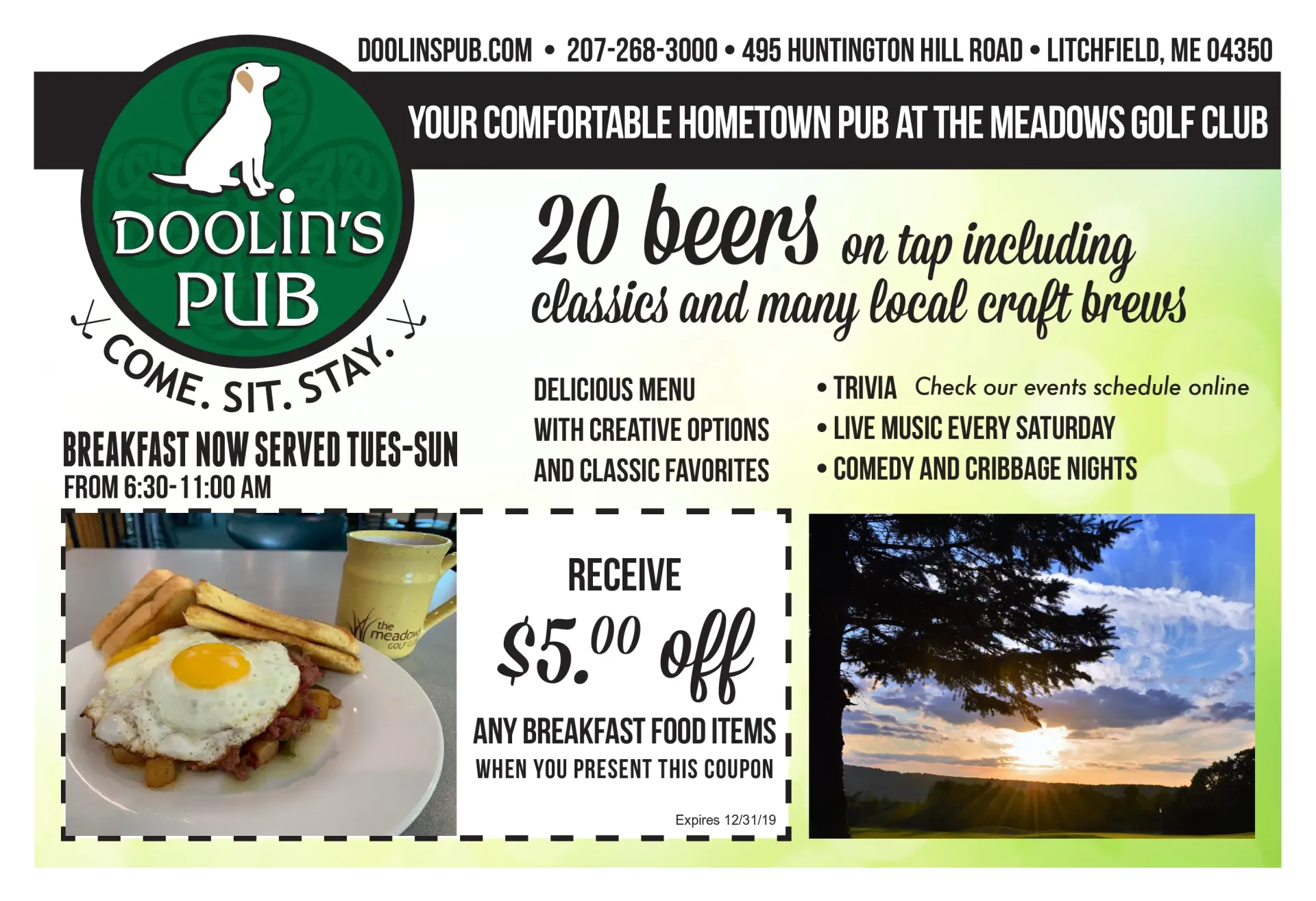 Doolin's Pub ad: breakfast served, 20 beers, coupon for $5 off breakfast items.
