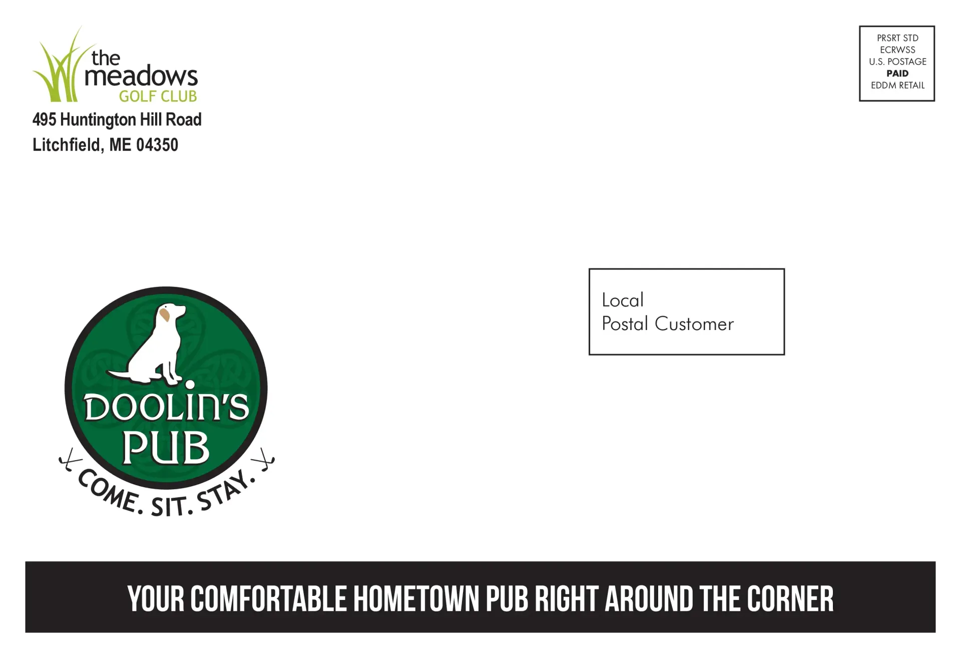 Postcard for Doolin's Pub at the Meadows Golf Club, a green circular logo with dog, address, and tagline.