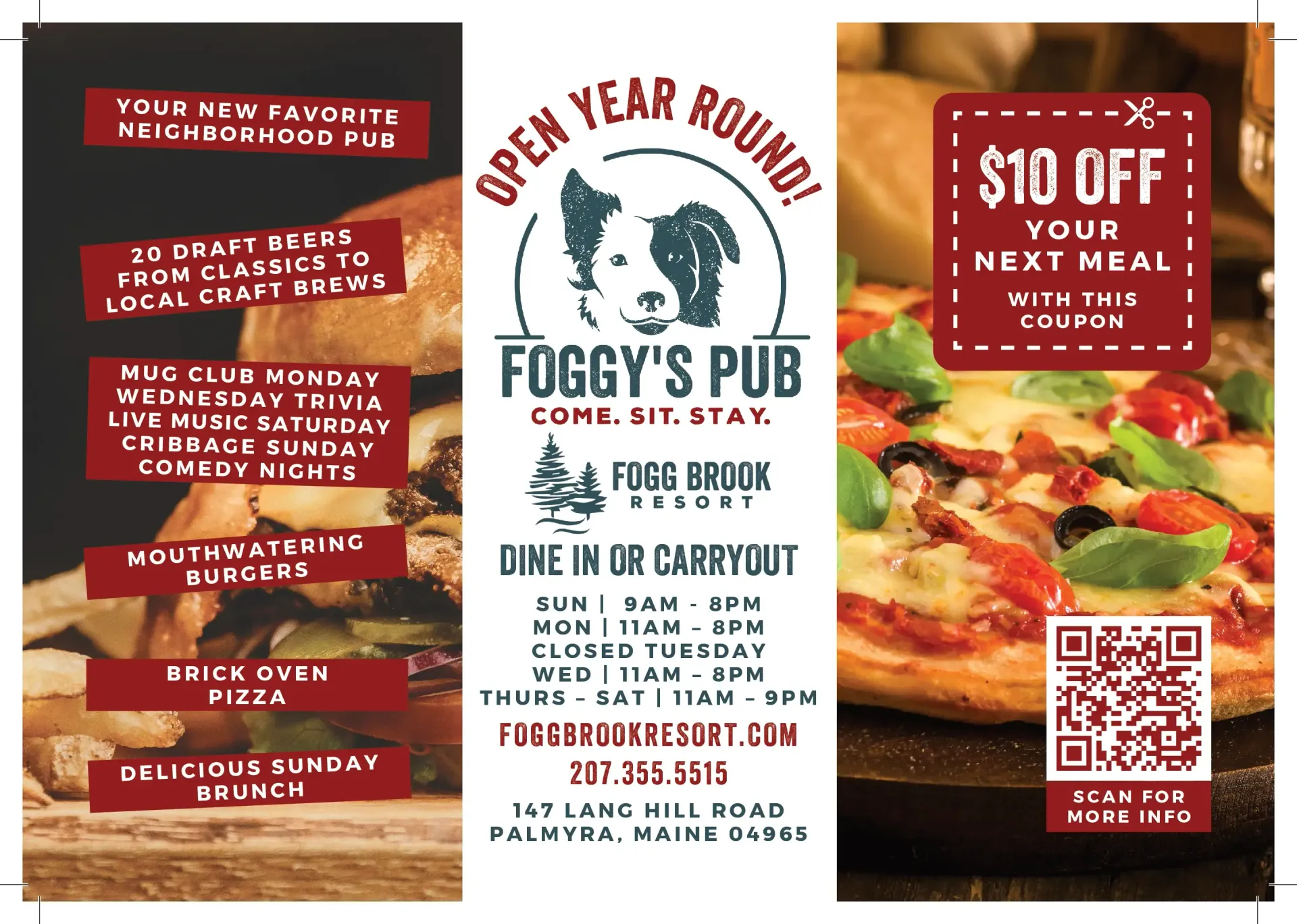 Foggy's Pub brochure: Pizza, burgers, and craft brews. Includes a coupon and operating hours.