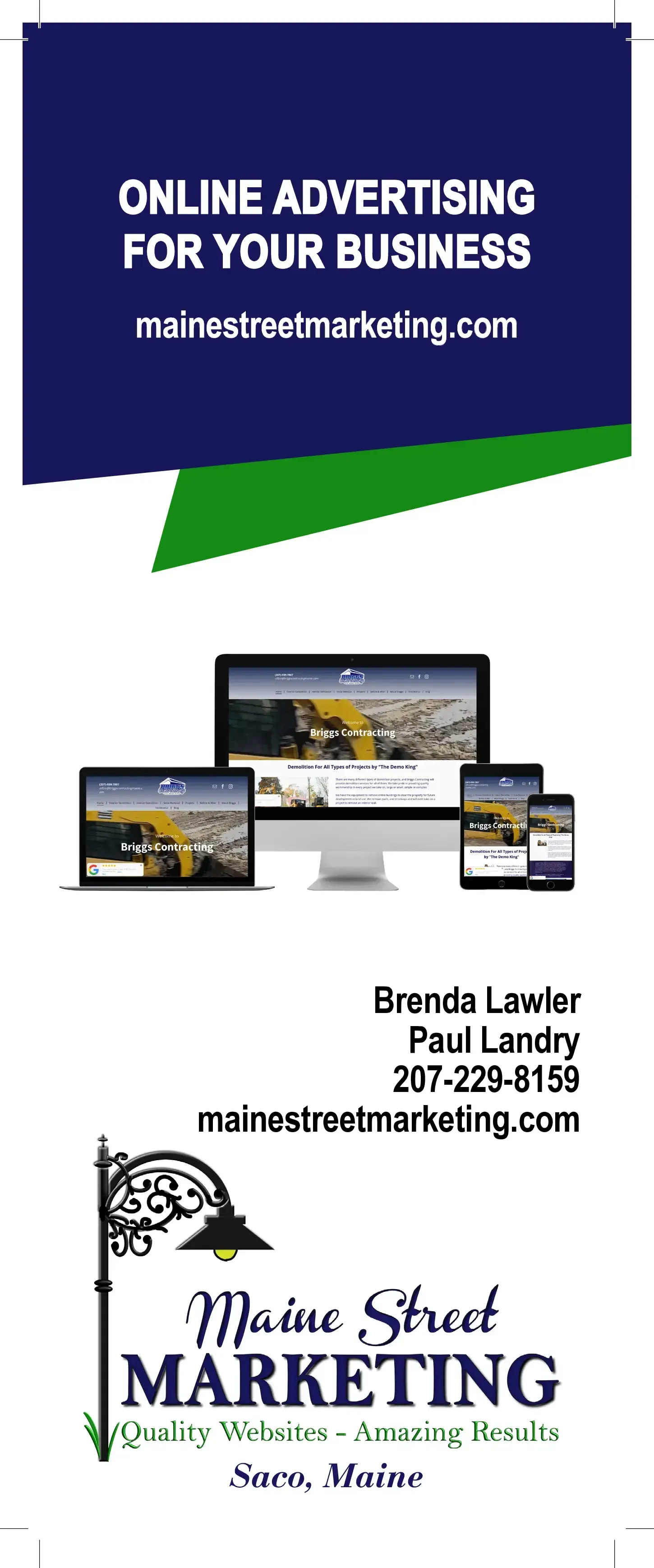 Advertisement for online advertising for businesses. Features a computer display, names, phone, email, and company logo.