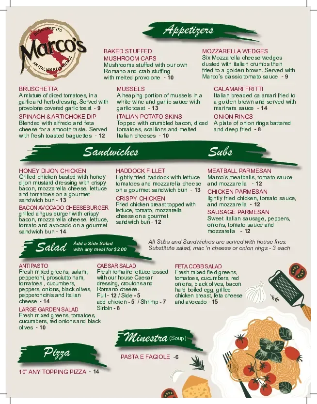 Marco's restaurant menu: Appetizers, sandwiches, salads, pizza & pasta dishes with prices.