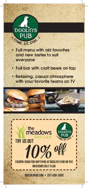 Advertisement for Doolin's Pub at The Meadows Golf Club: menu, craft beer, and a 10% off coupon.