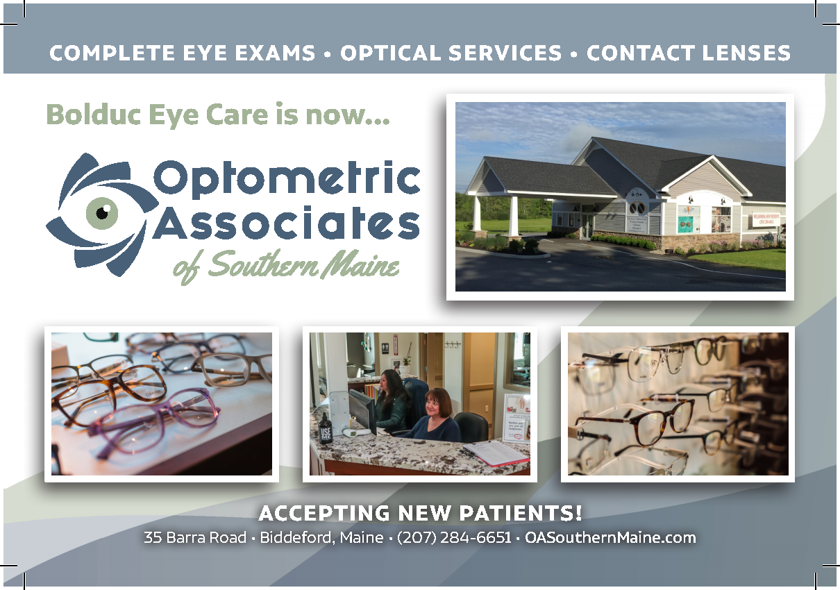 Advertisement for Optometric Associates of Southern Maine, showing eye exams, services, and contact lenses. Features a logo, building, and glasses.