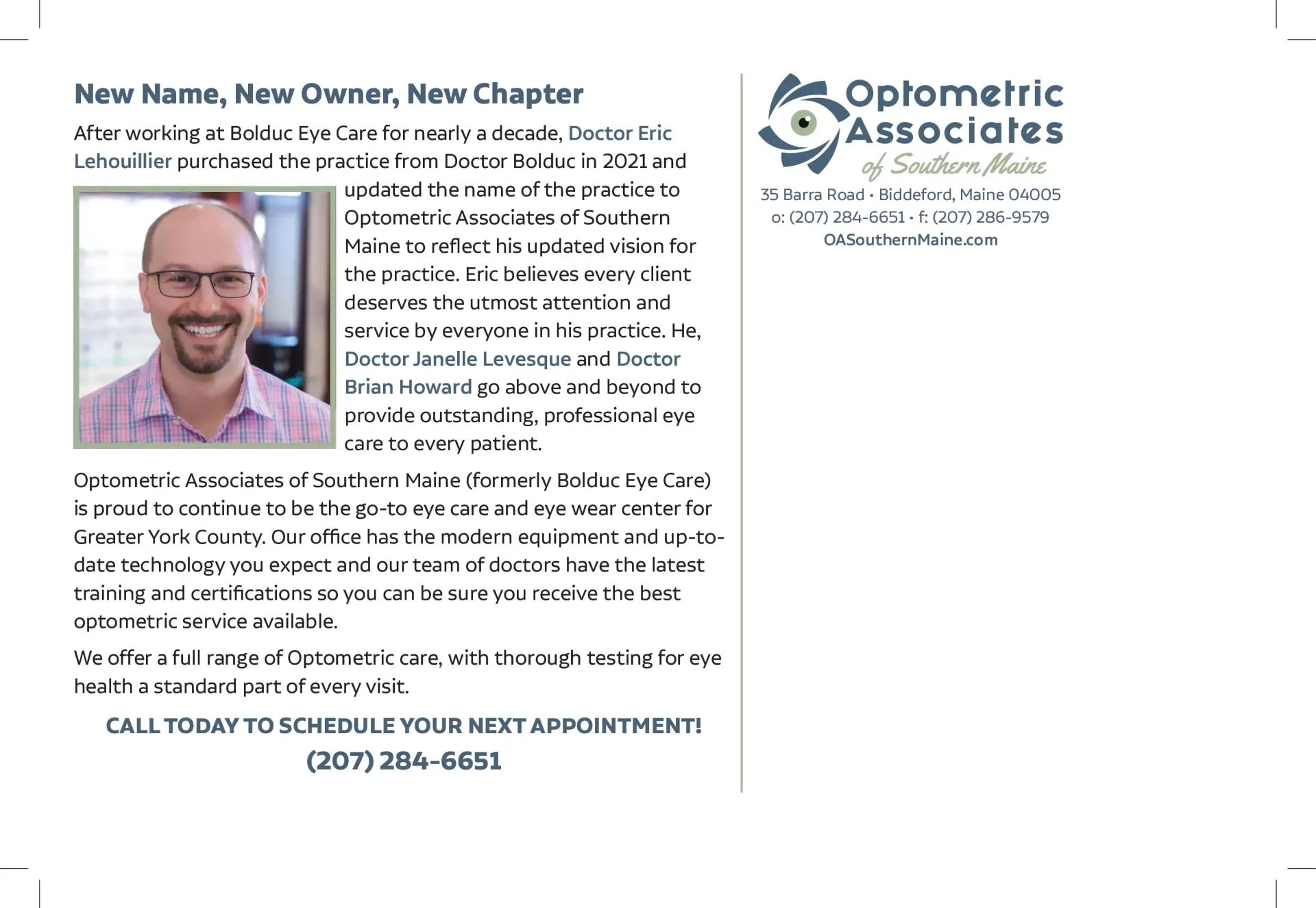 Advertisement for Optometric Associates of Southern Maine, with a photo of a smiling man.