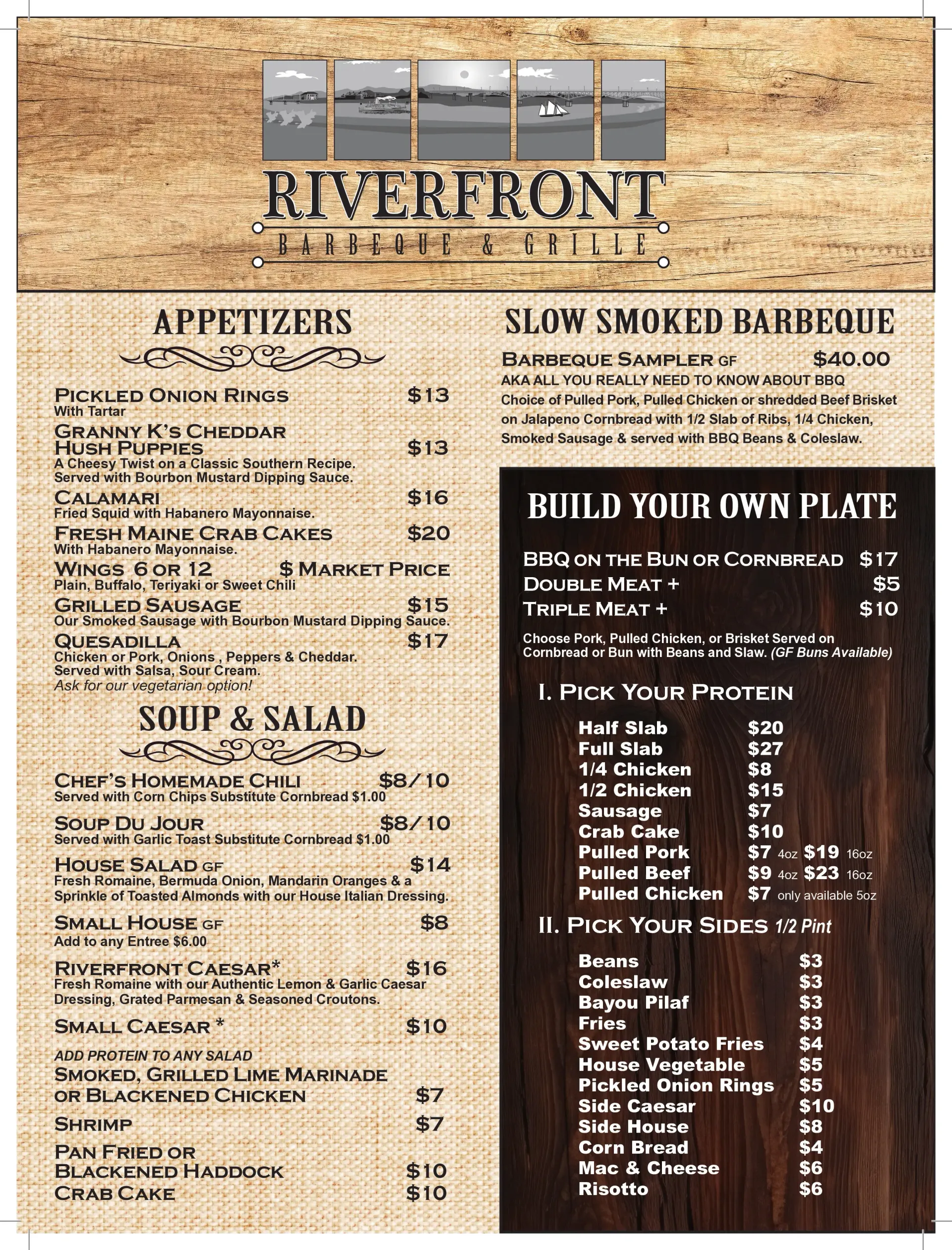 Menu for Riverfront restaurant, featuring appetizers, BBQ, and build-your-own-plate options.
