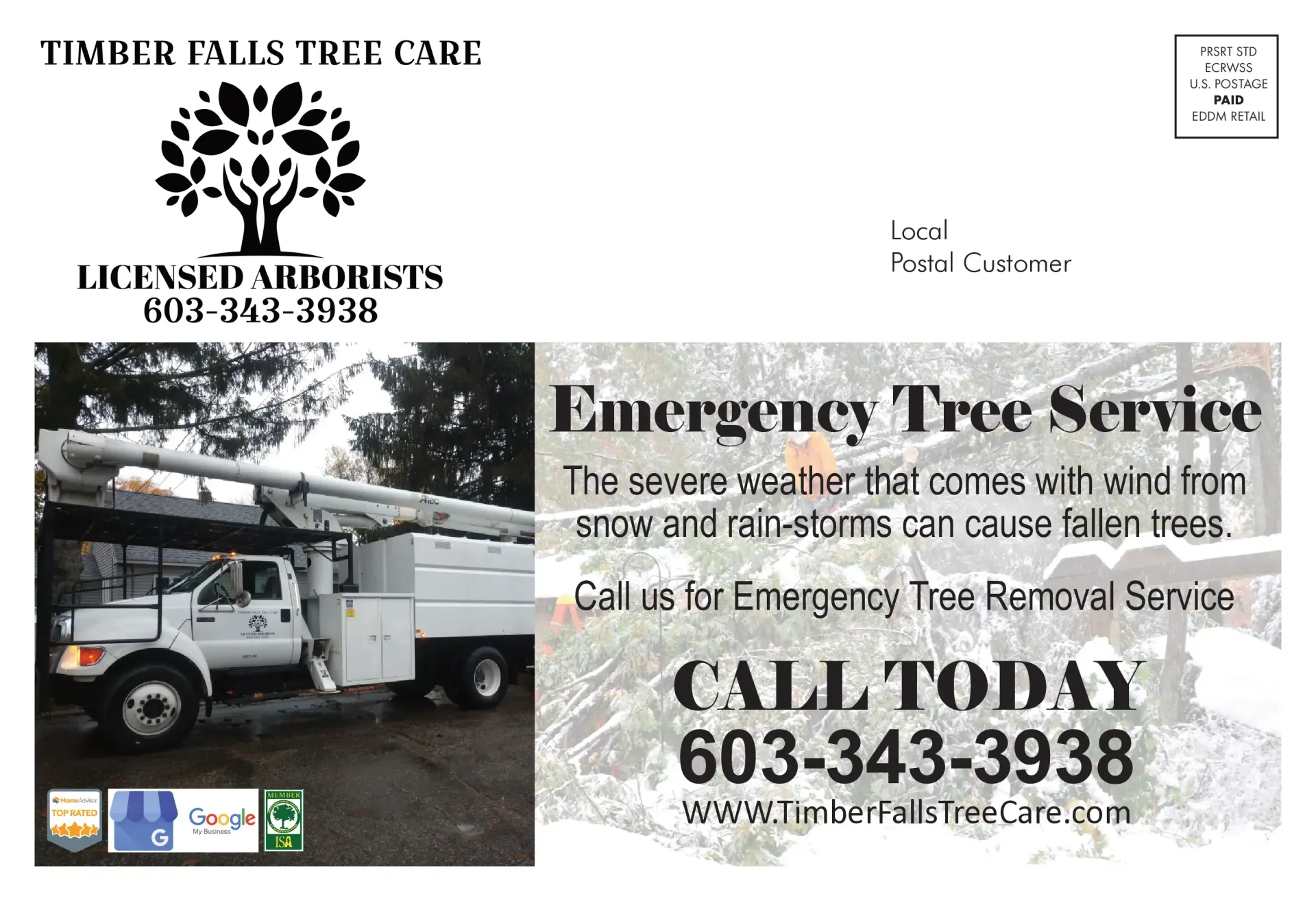 Emergency tree service postcard with a tree service truck and contact information.
