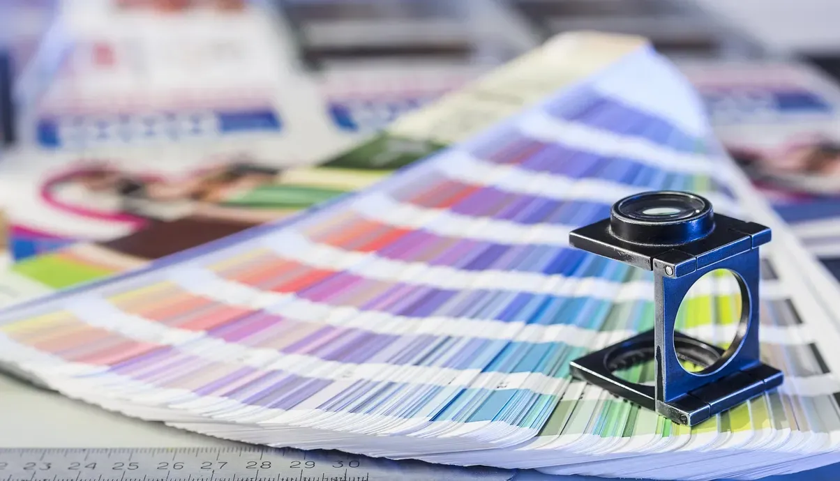 Color swatches fanned out with a magnifying glass, likely for color matching in printing.