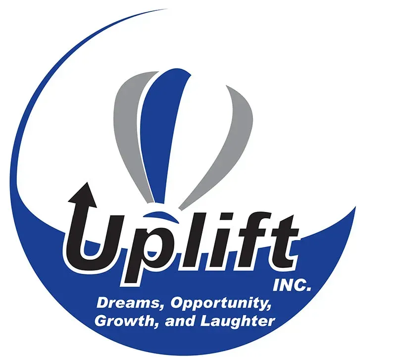 Logo for Uplift Inc. features a blue arc with a stylized upward arrow and a hot air balloon shape in blue, grey and white.