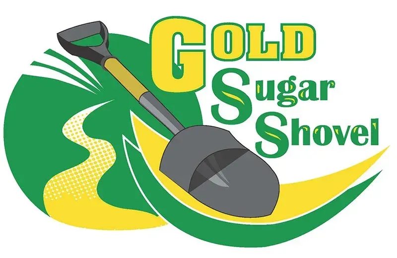 Gold Sugar Shovel logo: shovel across green and yellow design. 