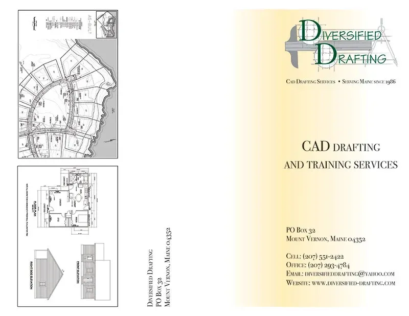 Business card for Diversified Drafting, with CAD drafting and training services listed, and a map and blueprint diagrams.