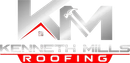 Logo for Kenneth Mills Roofing featuring large metallic "KM" letters, a red roof icon, and text on a red background.