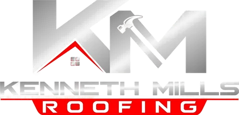 Logo for Kenneth Mills Roofing featuring large metallic "KM" letters, a red roof icon, and text on a red background.