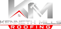 Logo for Kenneth Mills Roofing featuring large metallic "KM" letters, a red roof icon, and text on a red background.