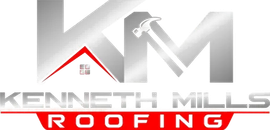 Logo for Kenneth Mills Roofing featuring large metallic "KM" letters, a red roof icon, and text on a red background.