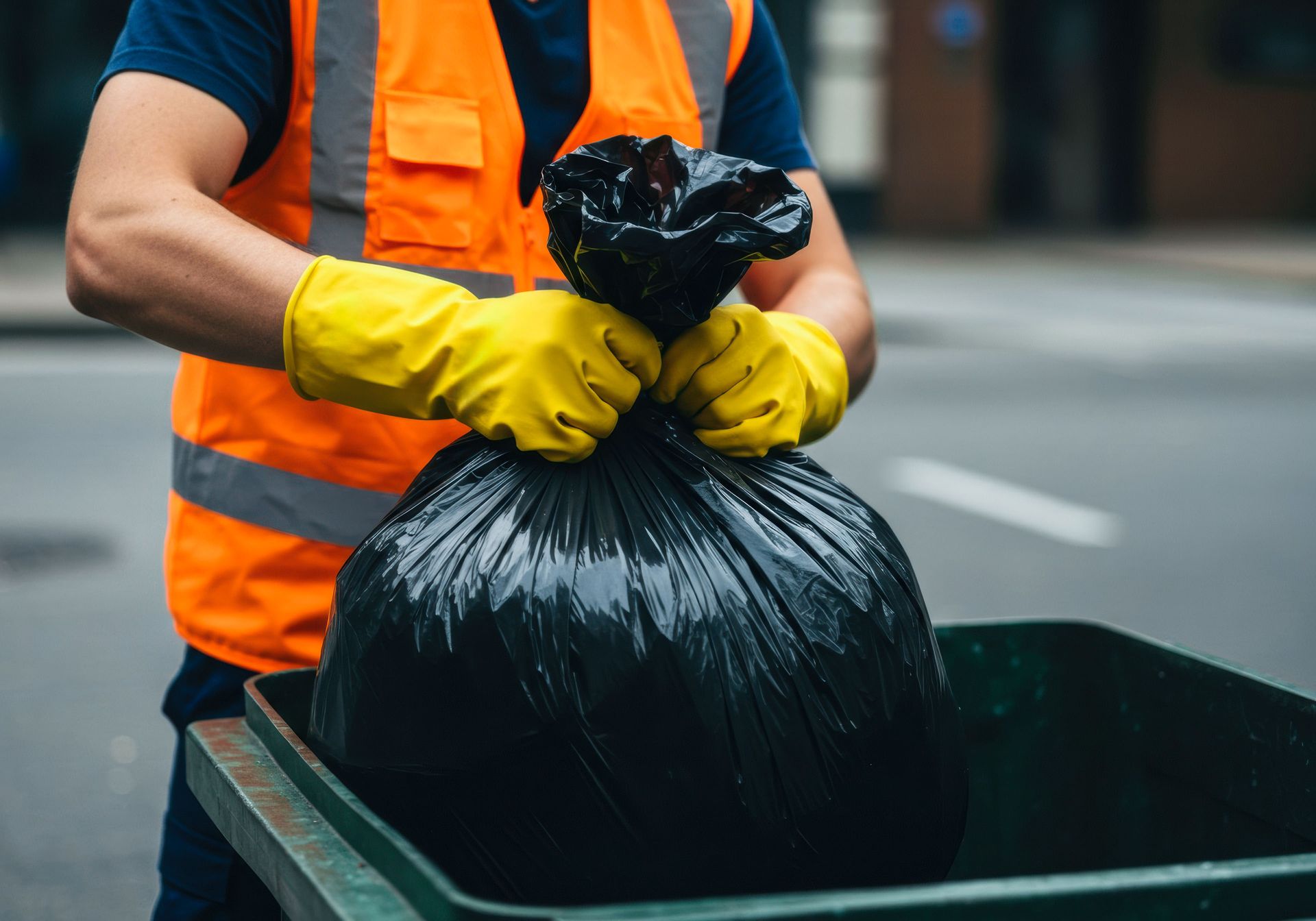 Worker in safety vest placing a tied garbage bag into a large outdoor bin.