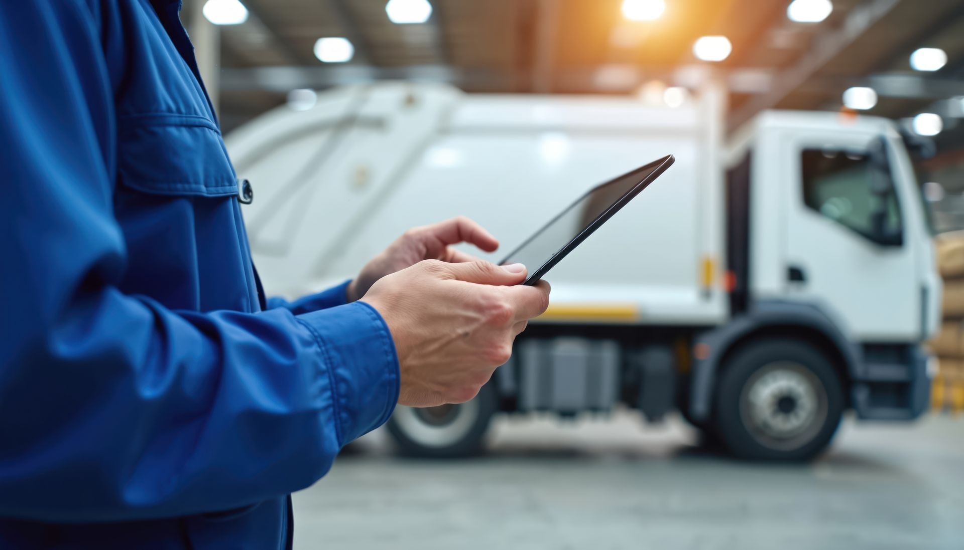 Worker in blue uniform using a tablet near a large truck in a warehouse.