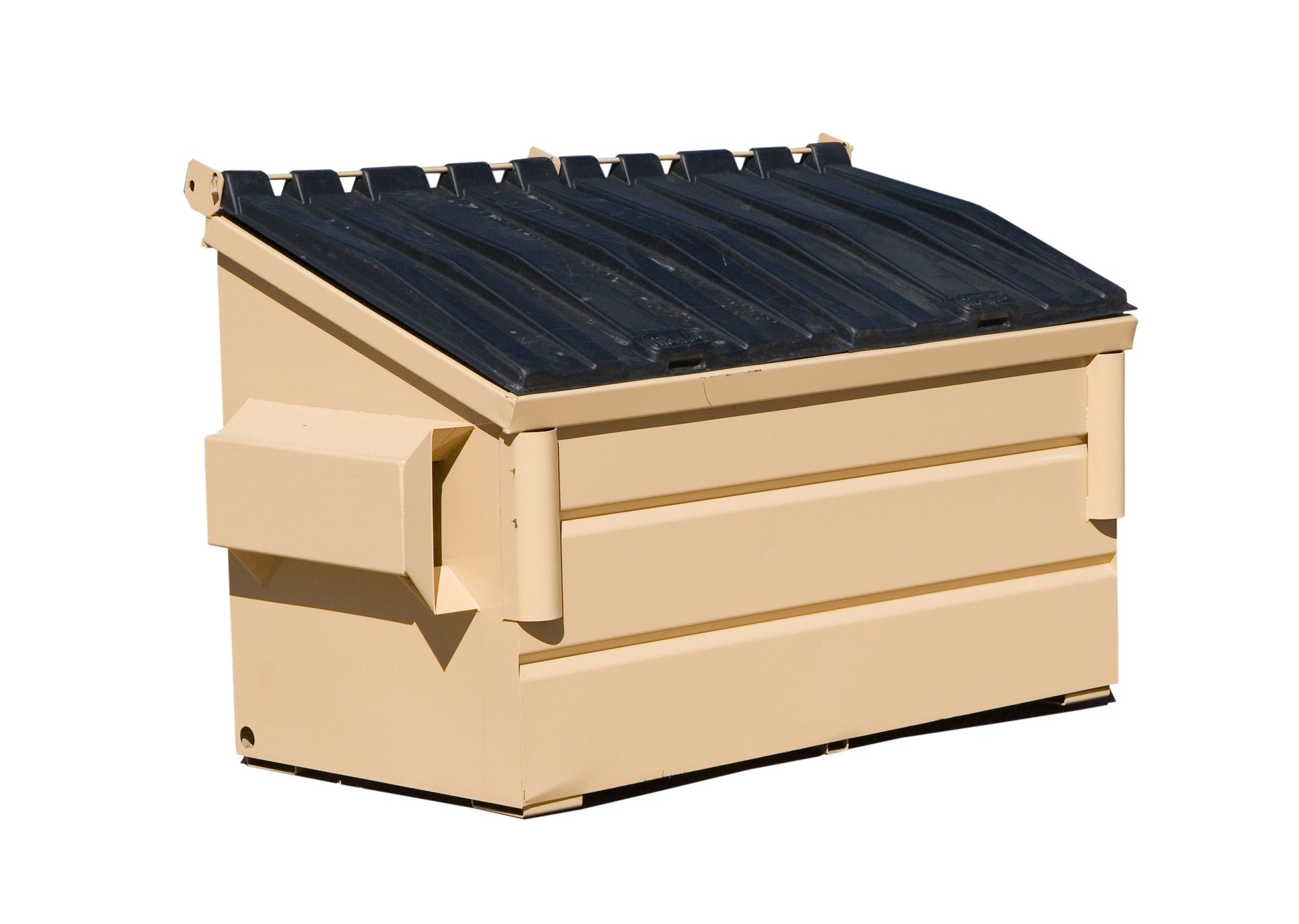 Beige roll-off dumpster with a black lid on a white background, ideal for waste disposal. Roll-off d