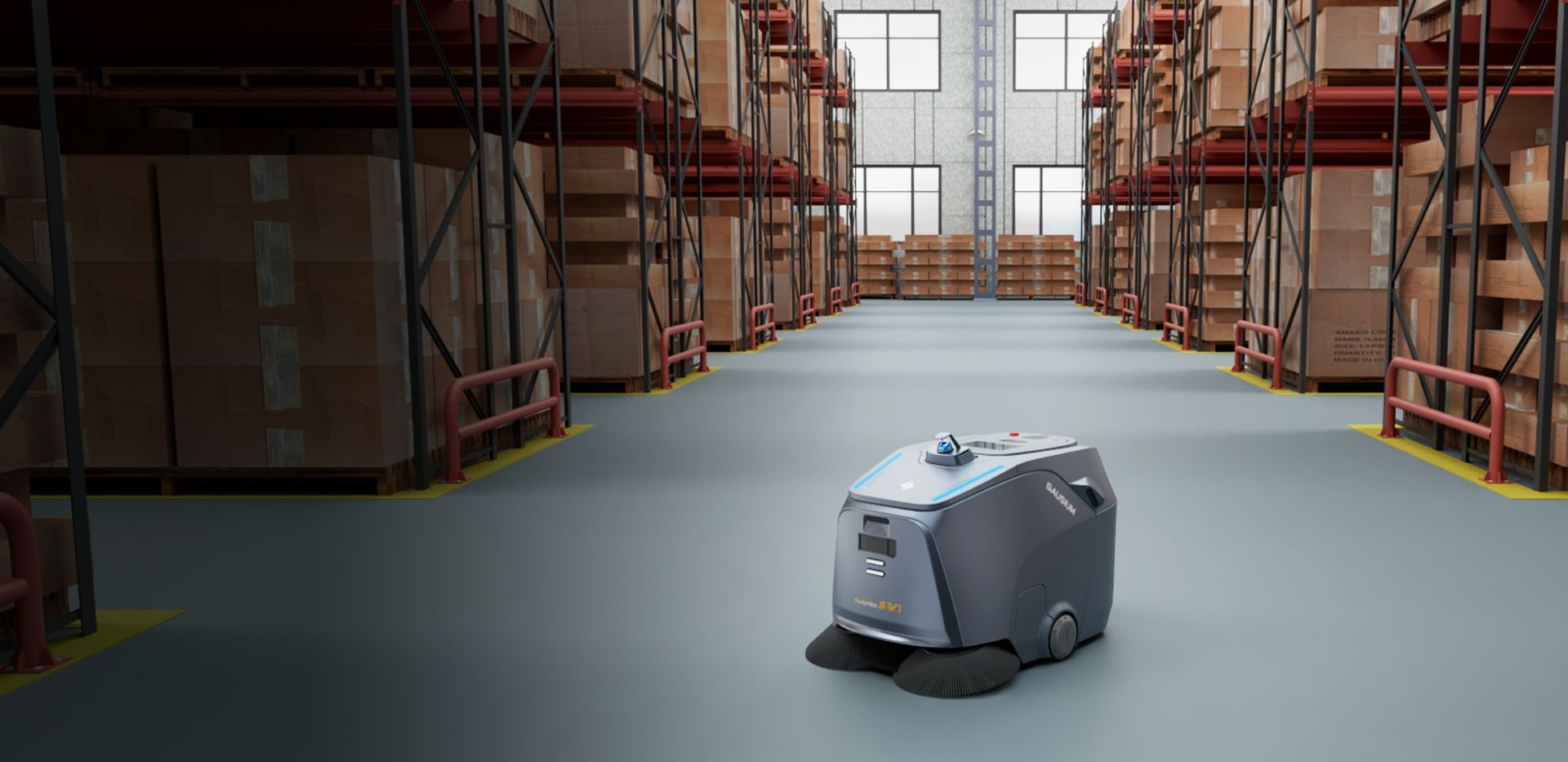 A robot is cleaning the floor of a warehouse.