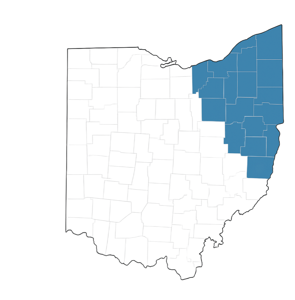 Map of Ohio, highlighting counties in the northeastern region in blue.
