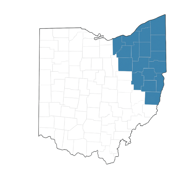 Map of Ohio, highlighting counties in the northeastern region in blue.
