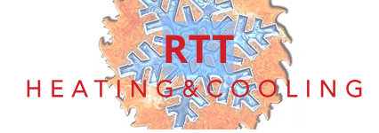 Logo for RTT Heating & Cooling: snowflake over orange shape, red text