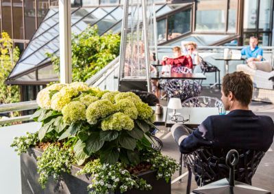 Man at outdoor cafe, with a large green floral arrangement in foreground and people in background.