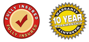 a fully insured logo and a 10 year workmanship warranty logo