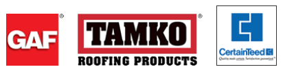 three logos for roofing products including tamko and gaf