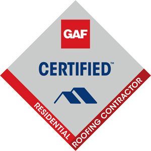 A logo that says GAF certified residential roofing contractor serving Reading PA